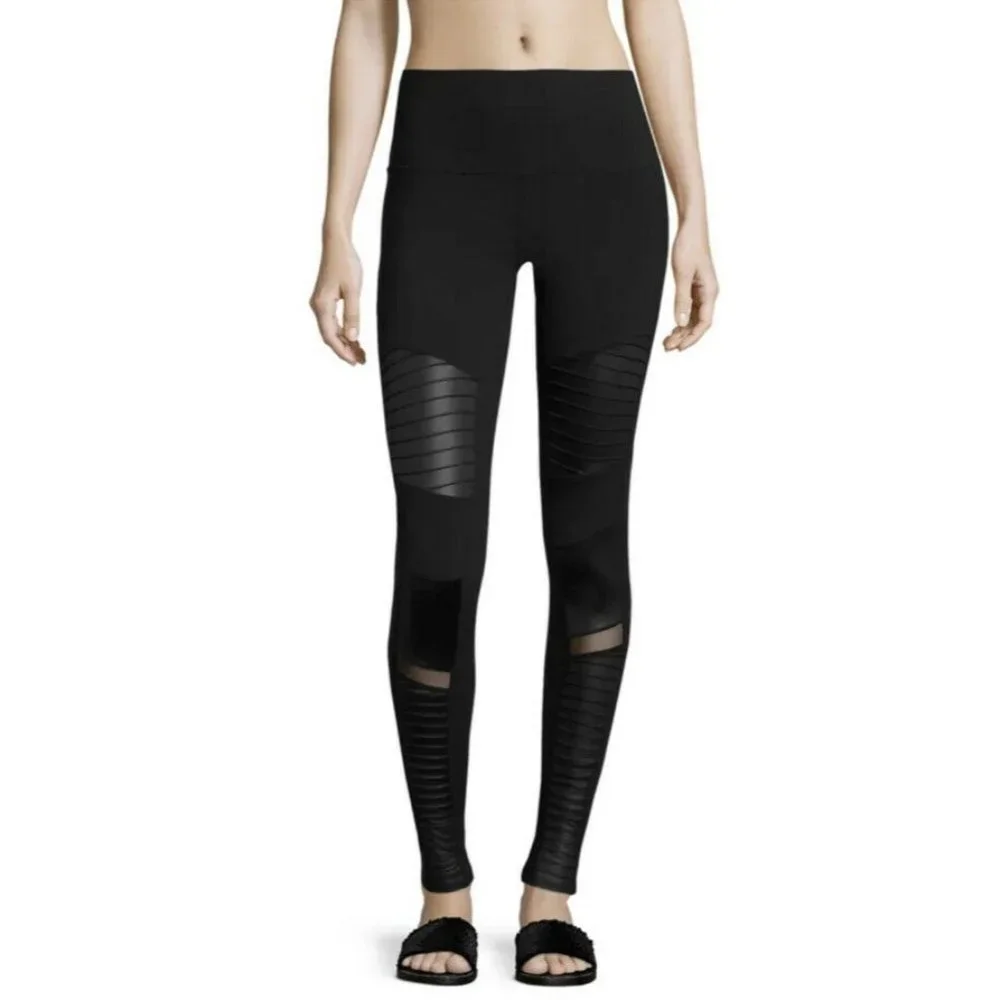 Alo Yoga High-Waist Moto Legging Size S Black Glossy Faux Leather Mesh Panels